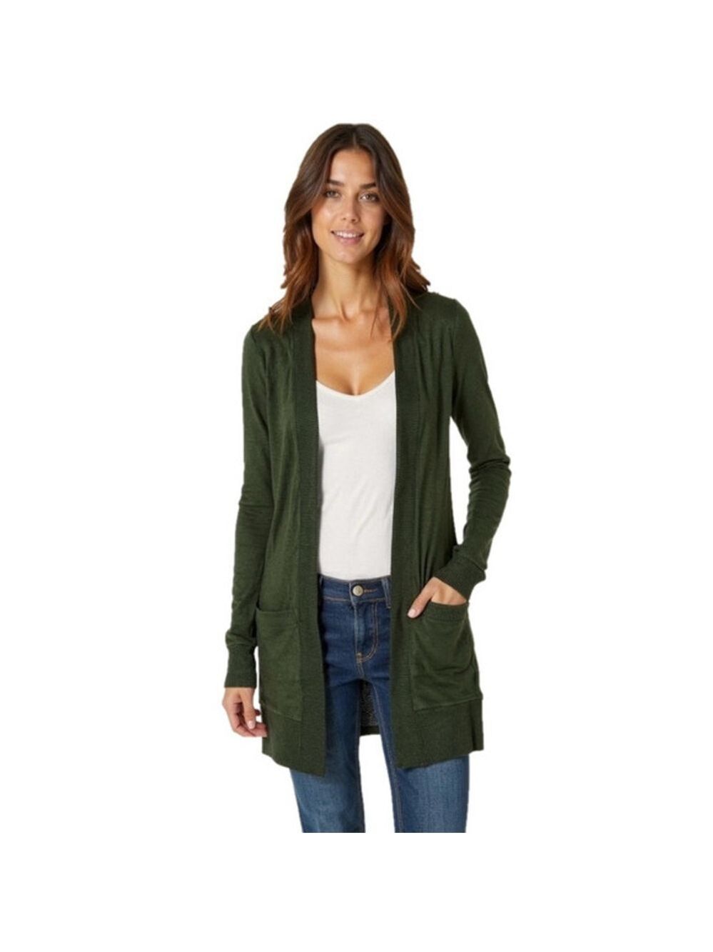 Bobeau Open Front Cardigan Petite XS | Green Soft Knit Pocket Lightweight Layer